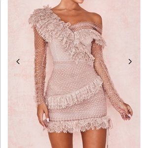 Blush mesh sleeve polka dot with pick up string mini dress